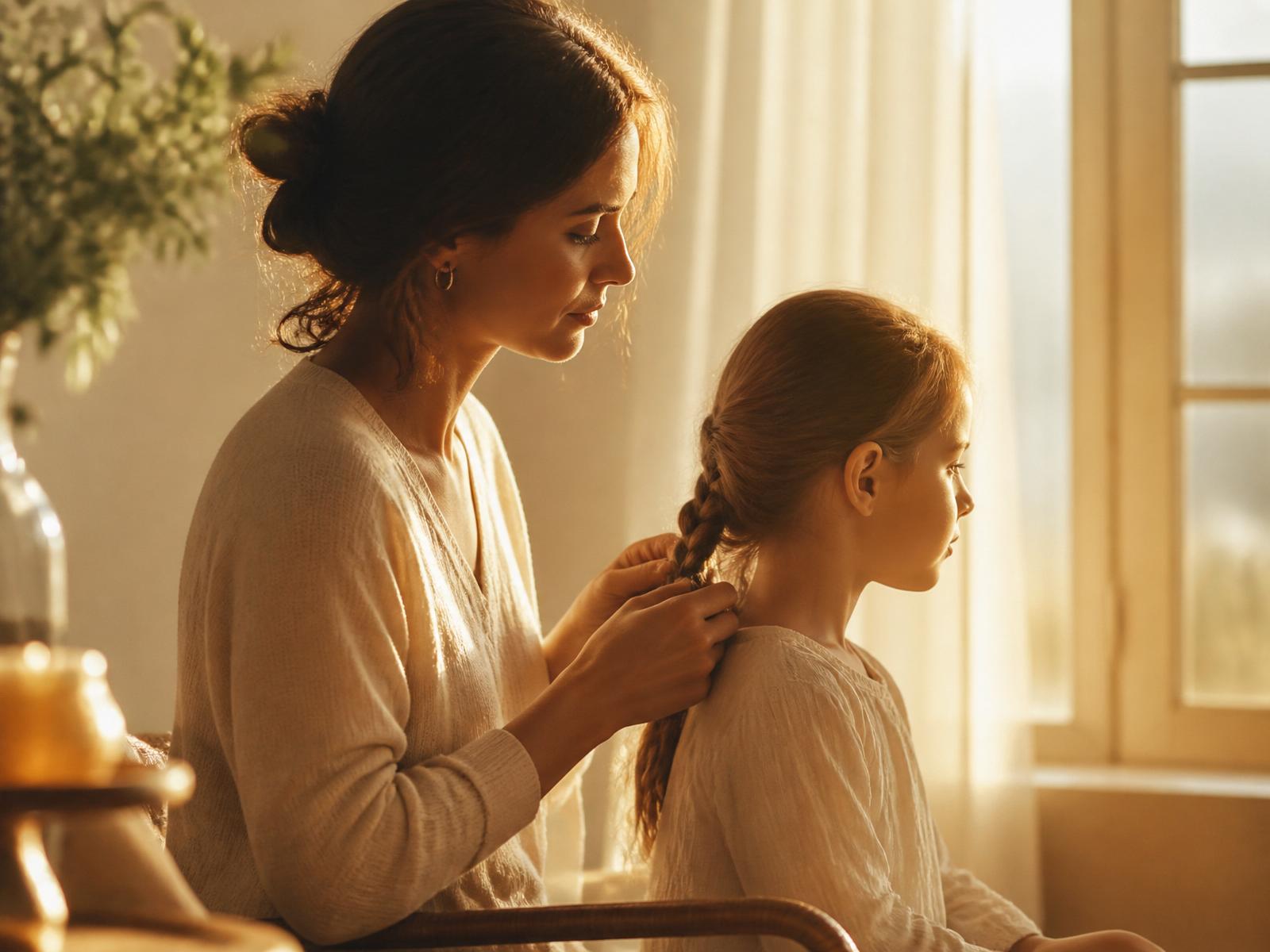 A mother braiding her daughter's hair in soft morning light
