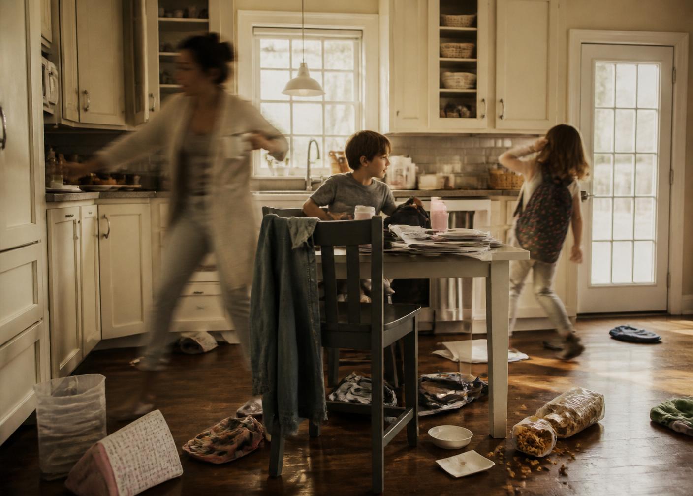 A stressful, chaotic school morning in the kitchen