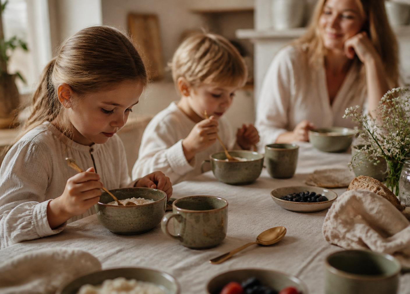 A calm family breakfast in warm morning light